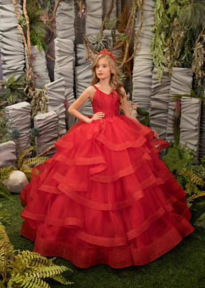 Red Lace Tulle Ruffle Floor Length Flower Girl Dress